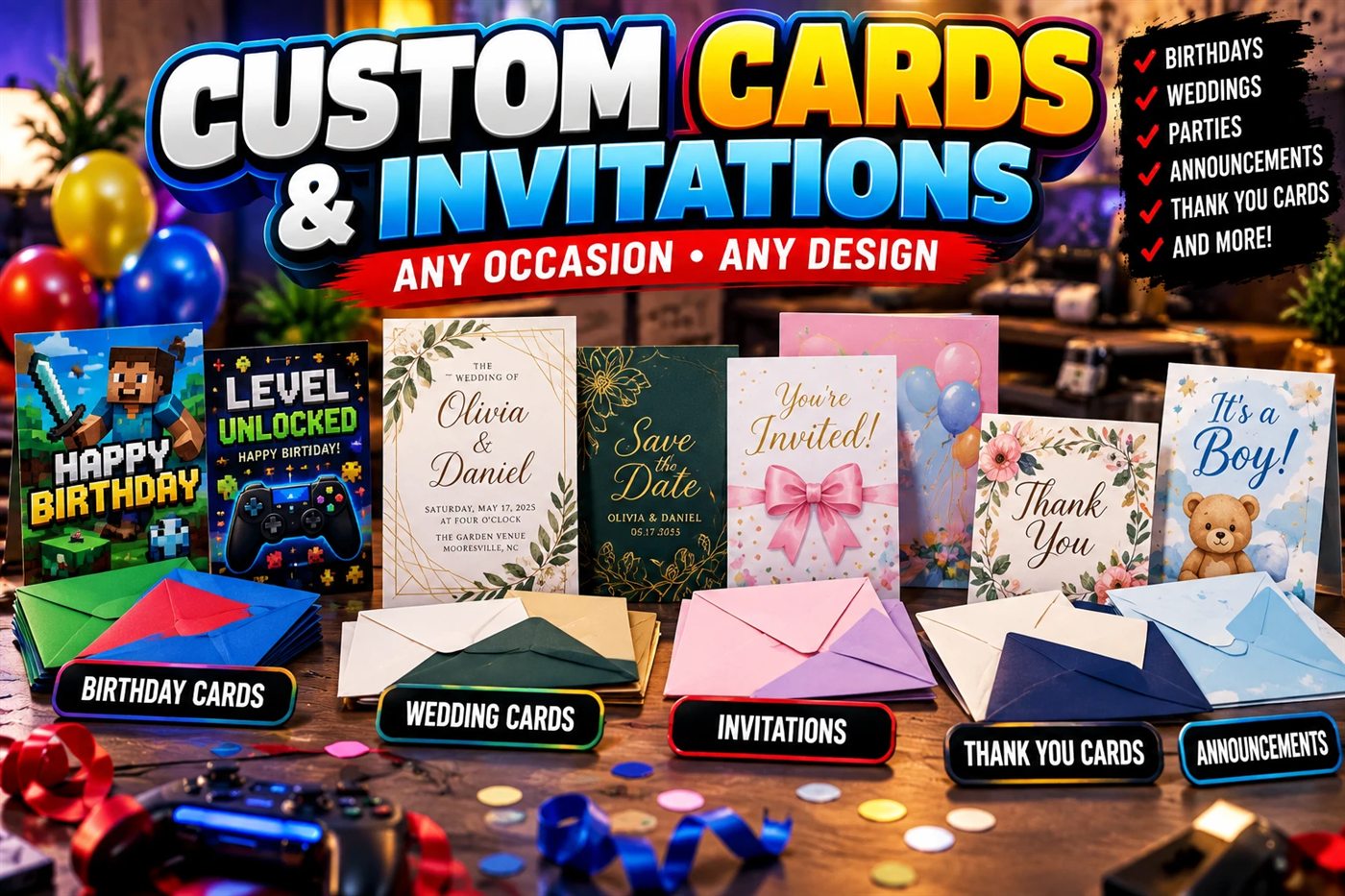 Custom cards and invitations for birthdays, weddings, parties, announcements and thank you cards, with envelopes
